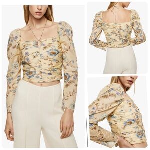NWT Mango MNG Ruched Floral Blouse Peasant Yellow Side Zip Crop Top Large 8 NEW